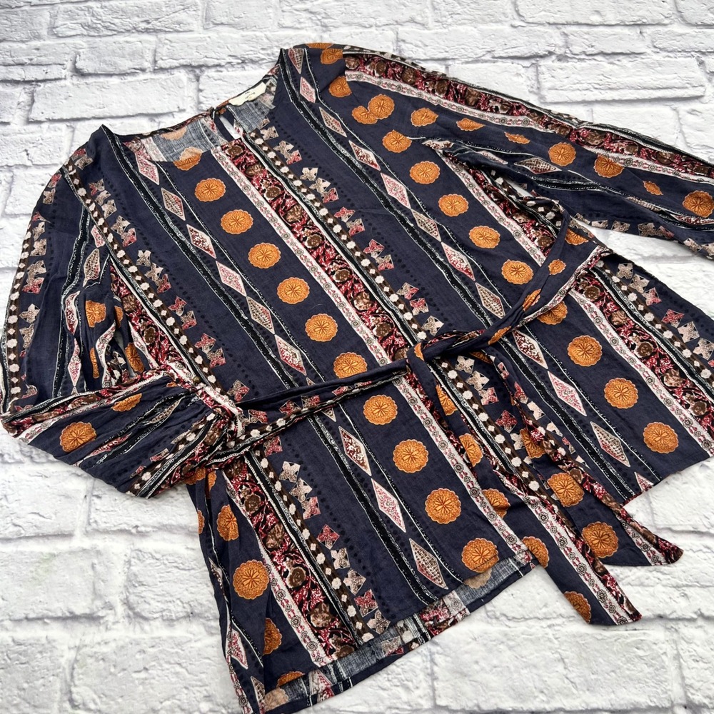 Entro Womens Grey Brown Boho Geometric Print Tie Waist Long Sleeve Blouse Medium